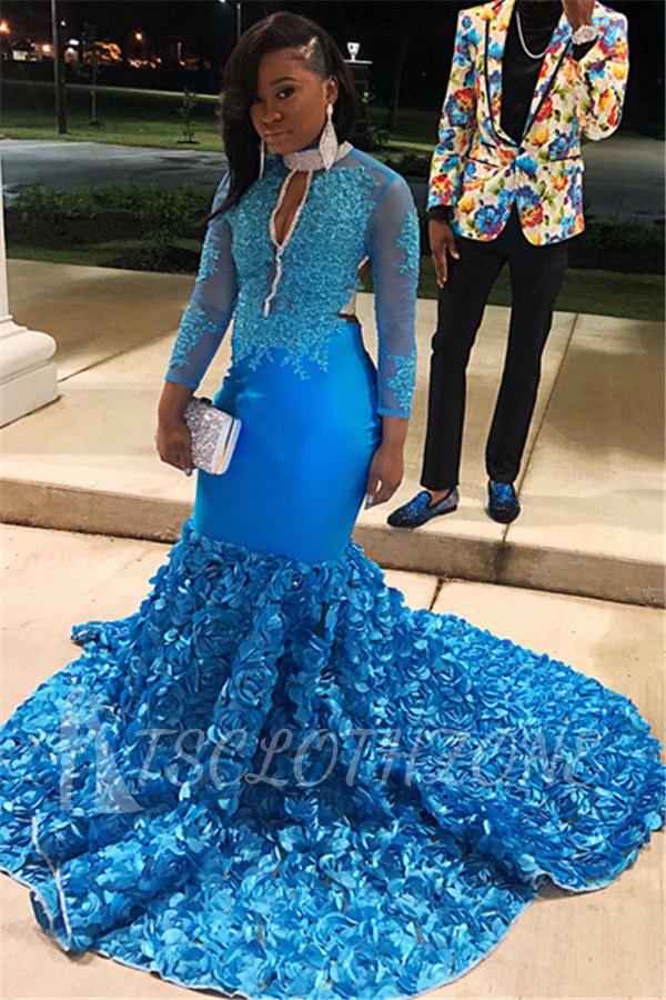 Glamorous Blue Sheer Tulle Lone-Sleeves Flower Applique Mermaid Prom Dresses
