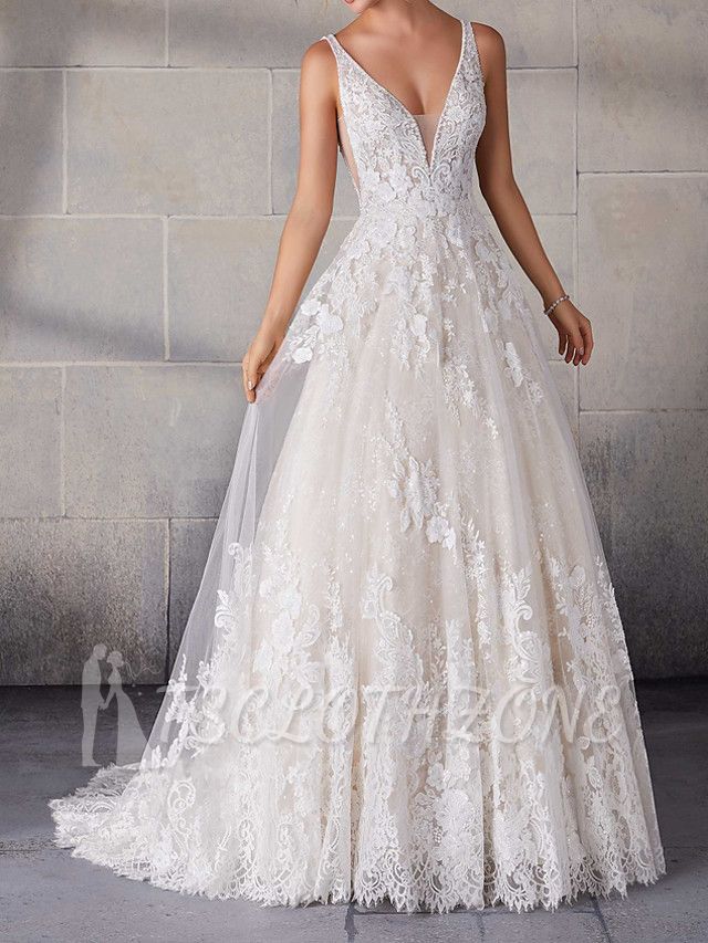 A-Line Wedding Dresses Spaghetti Strap Lace Tulle Sleeveless Bridal Gowns Country Plus Size Sweep Train