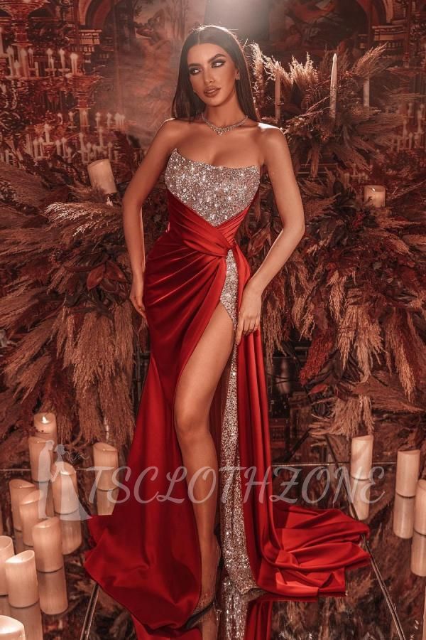 Sexy Strapless Glitter Sequins Cristals Evening Gown with Side Slit