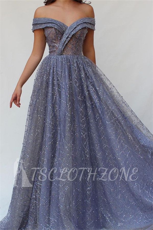 Gorgeous A-Line Off The Shoulder Tulle Beaded Prom Dresses