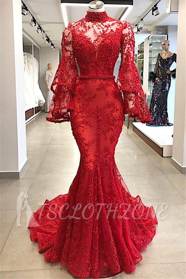 Long Sleeves High Neck Lace Red Evening Dresses | Mermaid Beads Bell Sleeves Prom Dress 2022