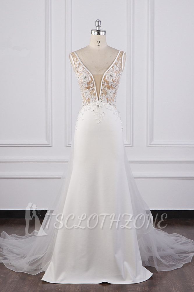 TsClothzone Chic Sheath White Satin V-neck Wedding Dress Tulle Lace Appliques Bridal Gowns Online