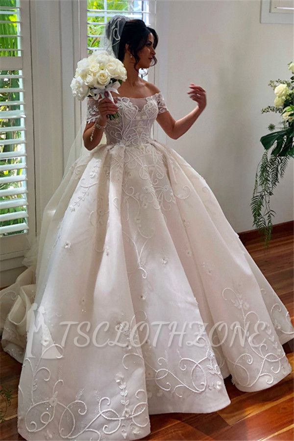Glamorous Off the Shoulder Ball Gown Wedding Dress | Appliques Sweep Train Bridal Dresses