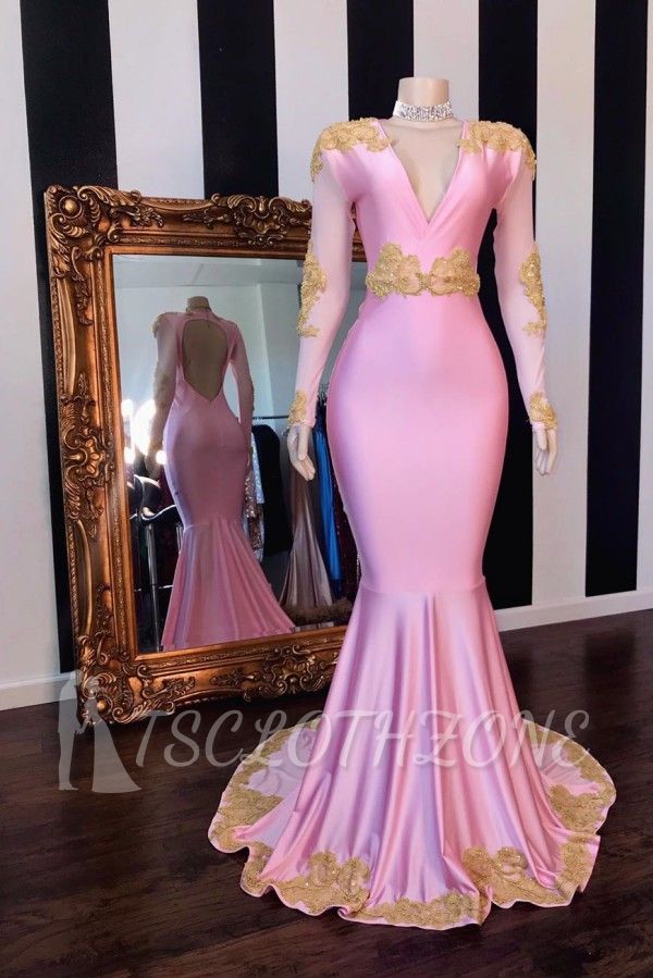 V-neck Long Sleeves Open Back Pink Mermaid Appliques Prom Gowns