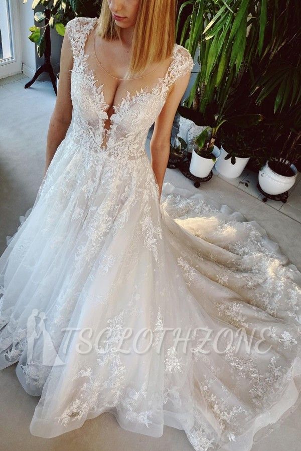 V-Neck A-line Wedding Dress Sleeveless Tulle Lace Appliques Bridal Dress