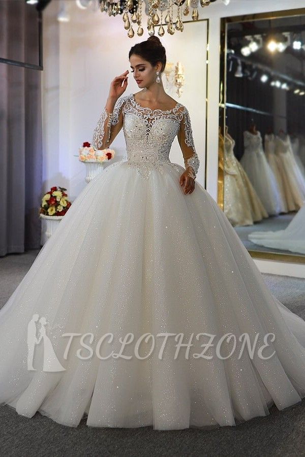 Gorgeous Scoop Neck Tulle Floral Lace Wedding Dress Chapel Train