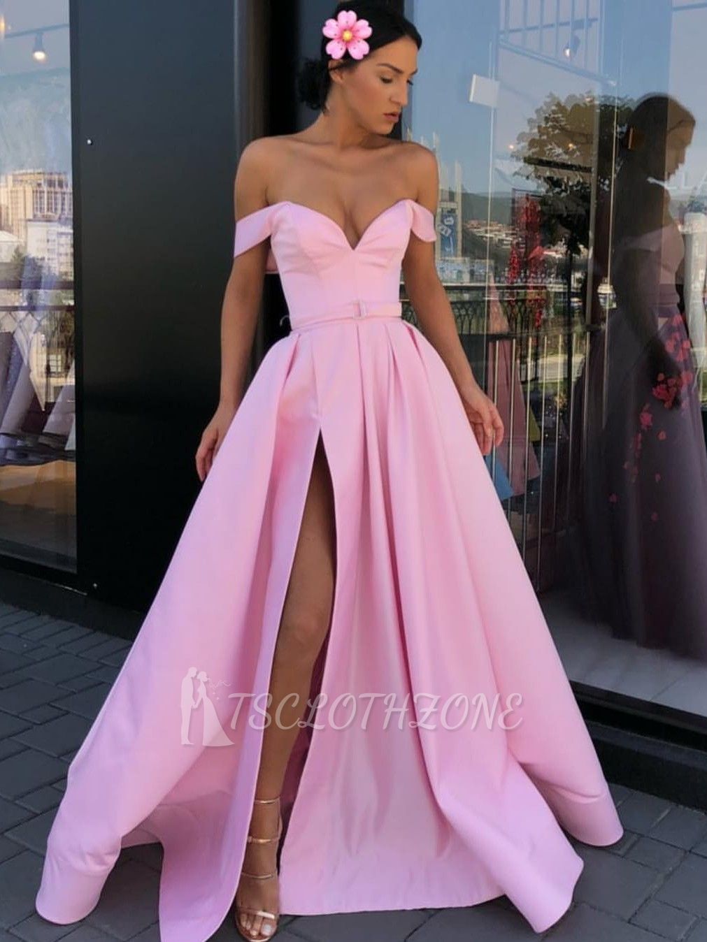 Sexy Pink Off-The-Shoulder Evening Dresses | A-Line Front Split Long Formal Dresses Online