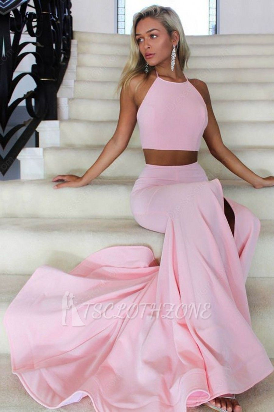 Sleeveless Open Back Sexy Formal Dresses |Two Piece Front Slit Evening Dresses