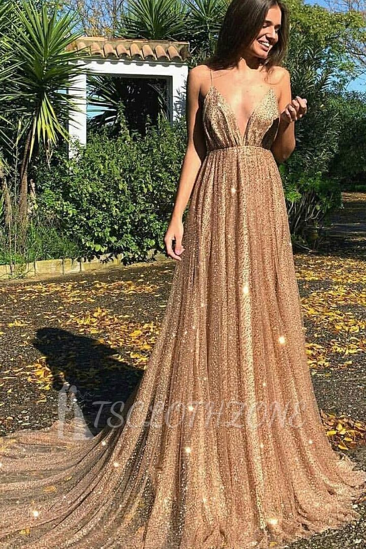 Glamorous Sequins A-Line Long Prom Gowns | 2022 Spaghetti Straps V-Neck Evening Dress