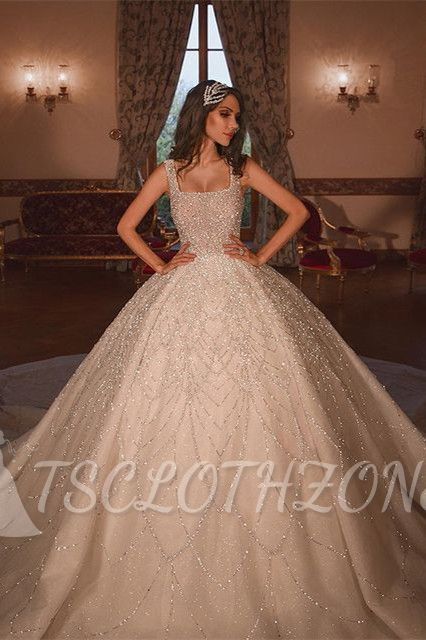 Glitzerndes Luxus-Ballkleid-Hochzeitskleid mit eckigem Ausschnitt und Tüll und langer Schleppe
