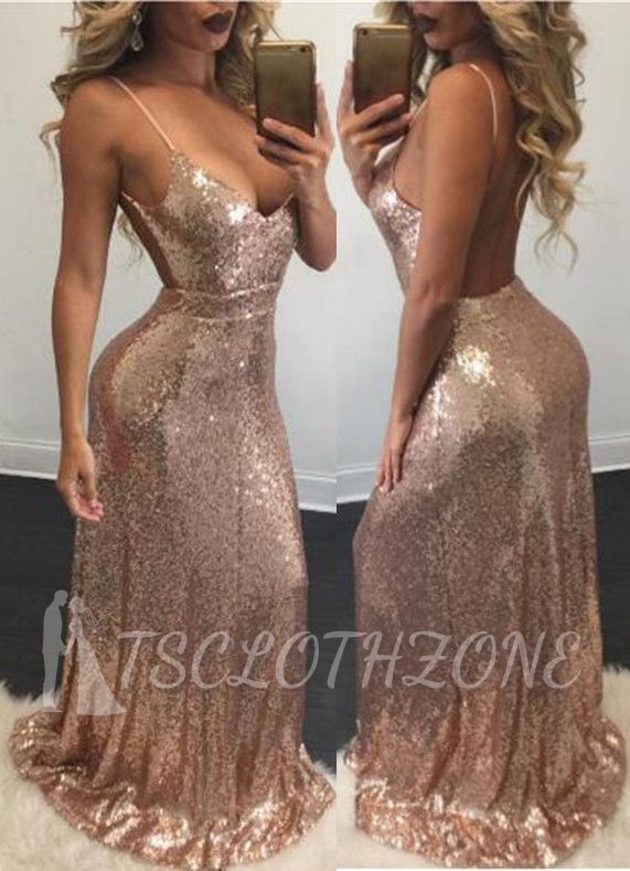 Champagne Sequins Backless Evening Gowns Sexy 2022 Straps Shiny Formal Dresses