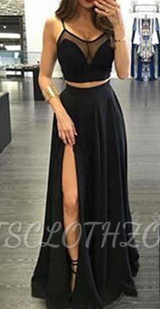 Spaghetti Strap Two Piece Black Summer Dresses A-Line Floor Length Slit 2022 Porm Gowns