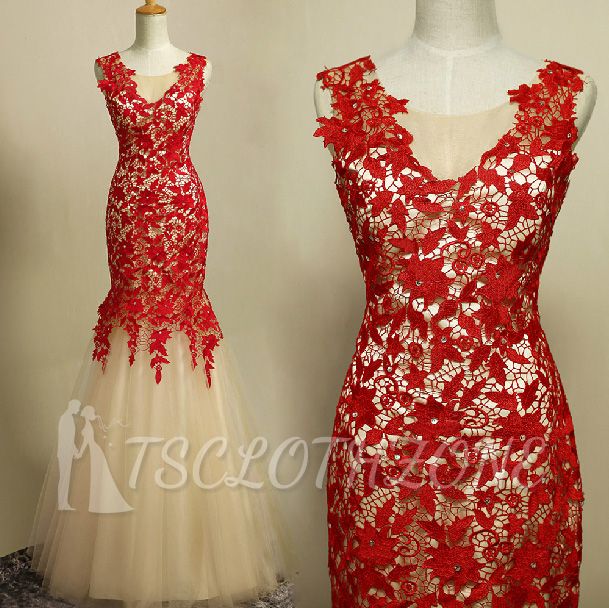 Red See Through Lace Mermaid 2022 Evening Dresses Sleeveless Appliques Floor Length Dresses