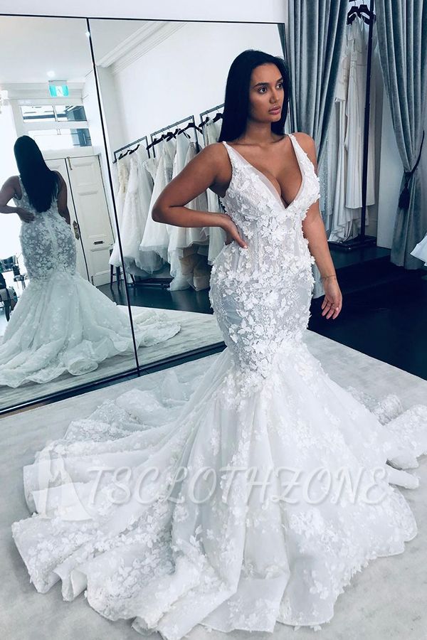 Charming V-Neck Sleeveless Mermaid Wedding Gown Floral Lace Bridal Gown