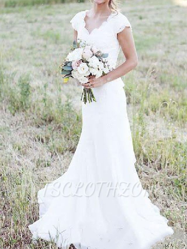 Country A-Line Wedding Dresses V-Neck Lace Tulle Cap Sleeve Plus Size Bridal Gowns with Sweep Train