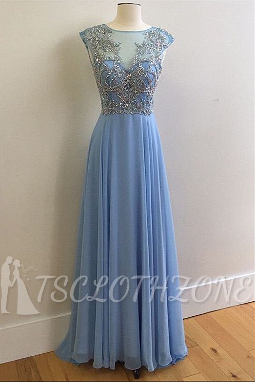 2022 Sky Blue Prom Dresses Sparkly Crystals Open Back Long Evening Dress