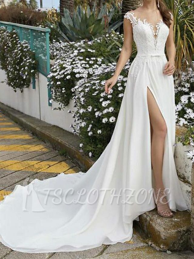 A-Line Wedding Dress V-neck Chiffon Lace Sleeveless Bridal Gowns Beach Sexy with Sweep Train