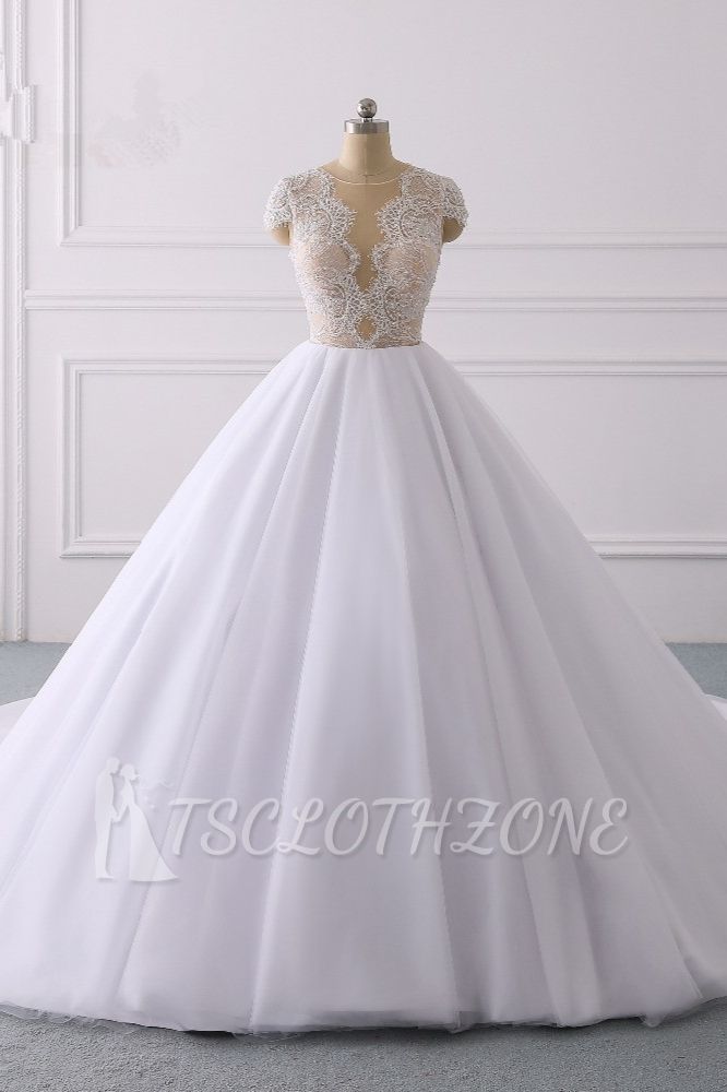 Elegant Cap sleeves V-neck White Ball Gown Lace Wedding Dress