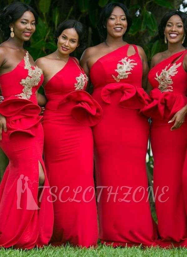 One-Shoulder Red Bridesmaid Dresses Plus Size Mermaid Wedding Party Dress