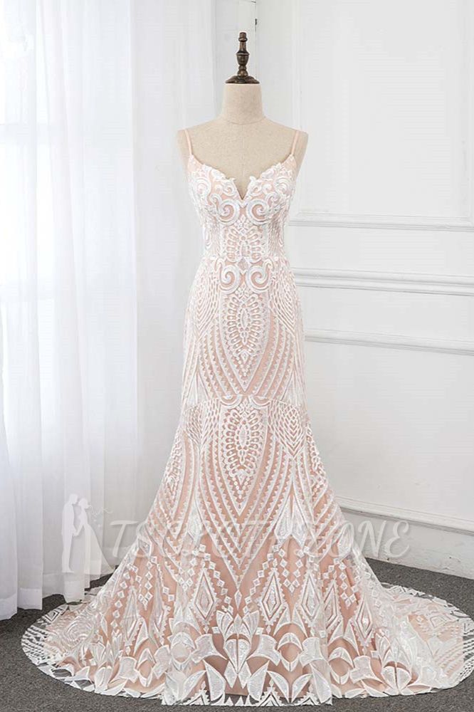 TsClothzone Sexy Spaghetti Straps Appliques Ivory Wedding Dresses V-Neck Sleeveless Bridal Gowns