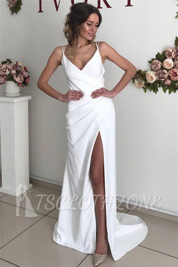 Simple Sexy Backless Spaghetti-Straps Side-Slit Prom Dresses
