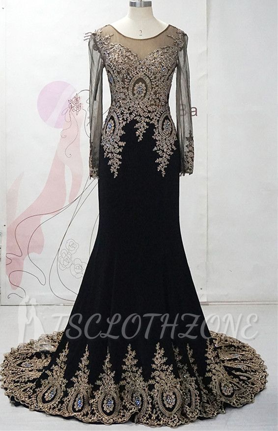 Black Long Sleeve Applique 2022 Evening Dresses Sweep Train Elegant Charming Prom Gowns