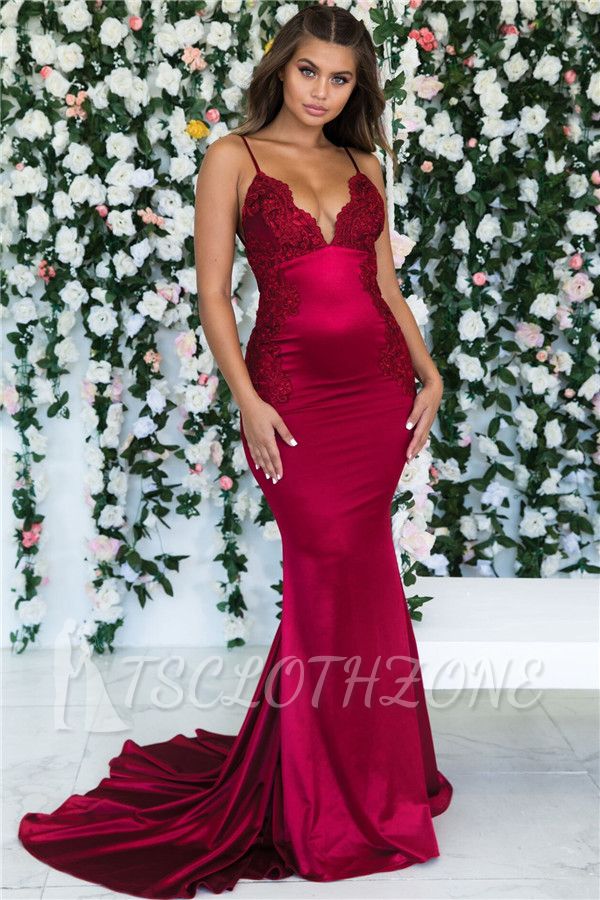 Magenta Backless Mermaid Spaghetti Straps Evening Dresses | Sleeveless Mermaid Lace Prom Dresses 2022 Cheap