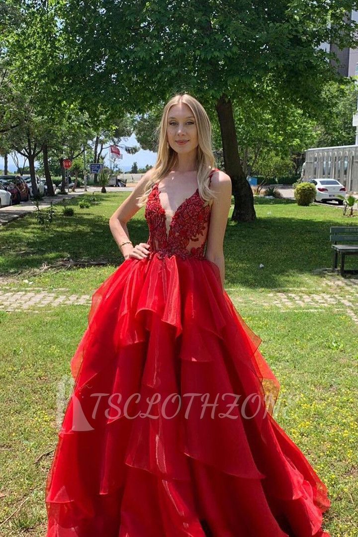 Sexy Dee V-Ausschnitt Red Organza Long Prom Dress | Günstige Schichten Lace Straps Abendkleid