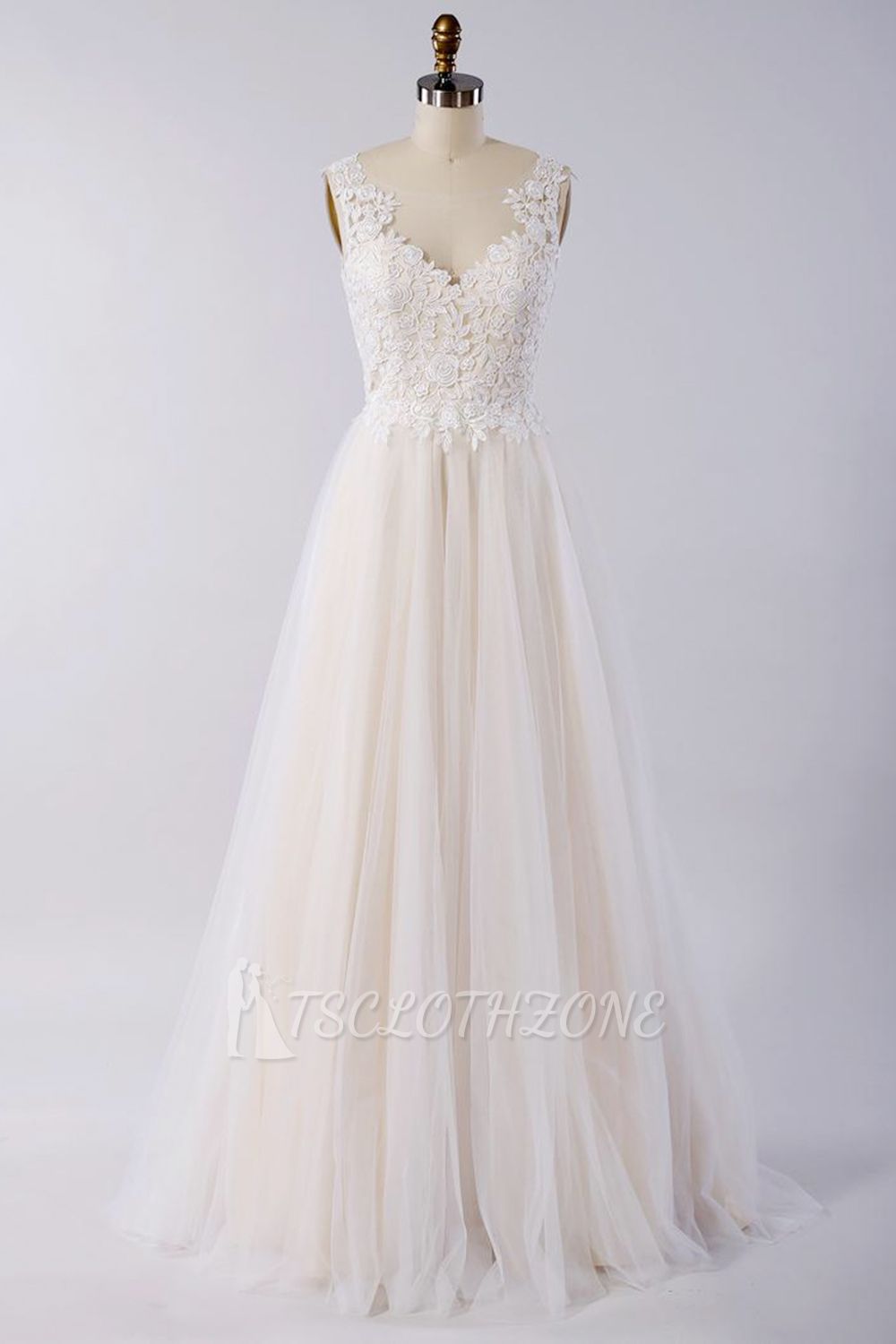 Stilvolles Tüll-Hochzeitskleid mit V-Ausschnitt und Trägern | Applikationen A-Linie Rüschen Brautkleider
