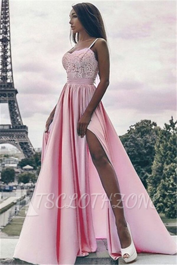 Sexy Side Slit Spaghetti Straps Prom Dresses 2022 Pink Appliques Formal Evening Gown