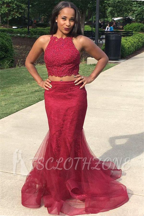 Two Piece Burgundy Lace Prom Dresses Sexy | 2022 Sleeveless Puffy Tulle Evening Gown