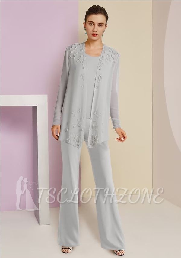 Silver 3 Piece Suit Mother of the Bride Dress chiffon | Motherdress with Jacket