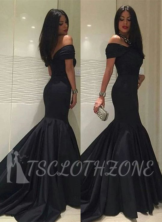 Mermaid Black Off-the-Shoulder Sweep Train Evening Gowns Sexy 2022 Formal Open Back Prom Dress
