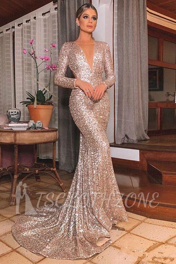 Glittery V Neck Long Sleeves Sequins Backless Mermaid Prom Dresses