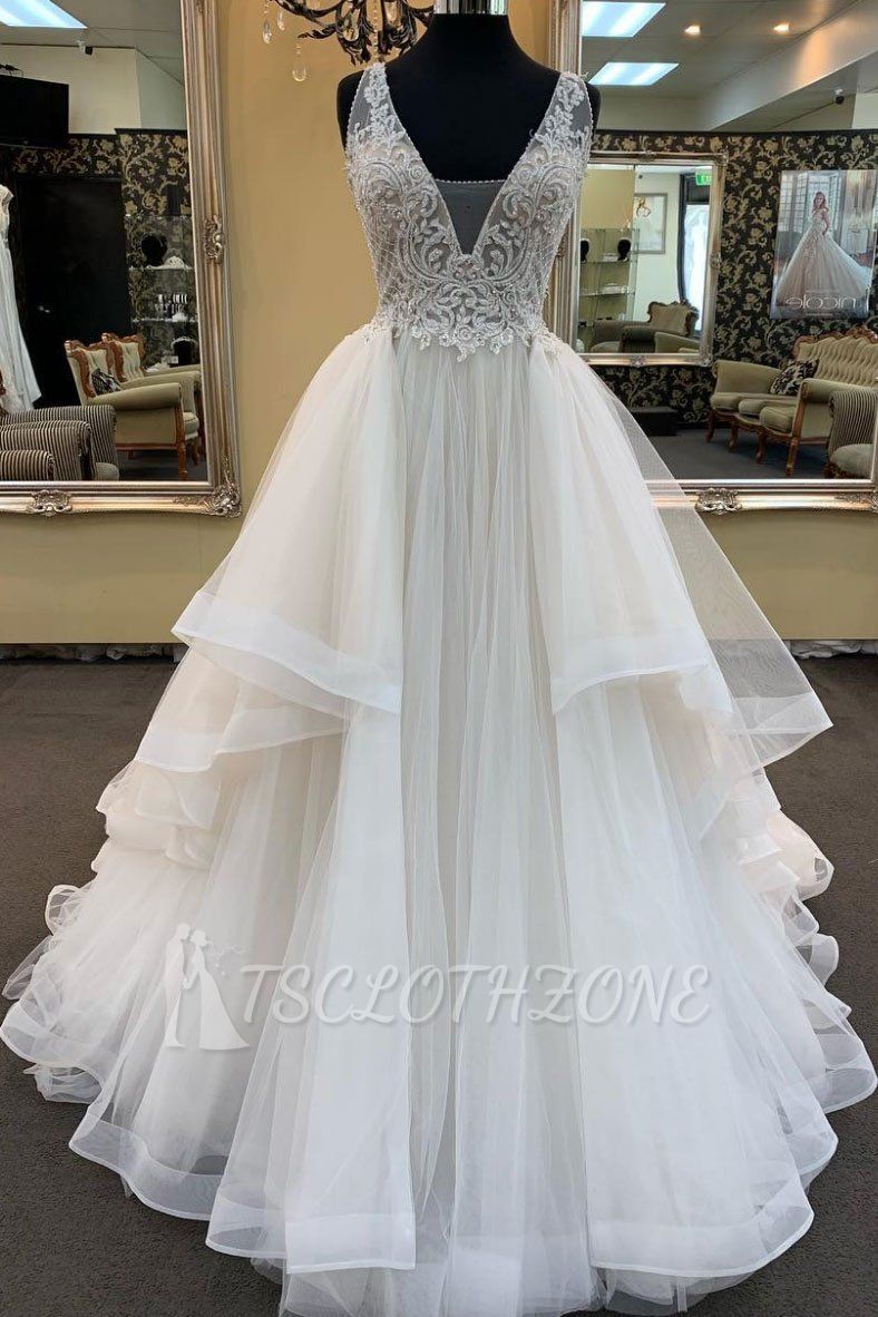 TsClothzone Glamorous White Tulle Lace Ruffles White Wedding Dress Sleeveless Appliques Bridal Gowns On Sale