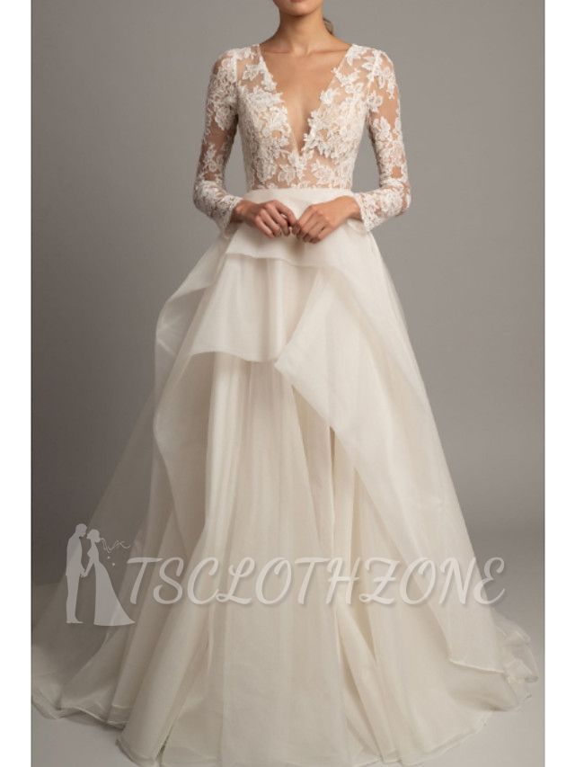 Romantic A-Line Wedding Dress V-Neck Lace Tulle Long Sleeve Sexy Backless Bridal Gowns Court Train