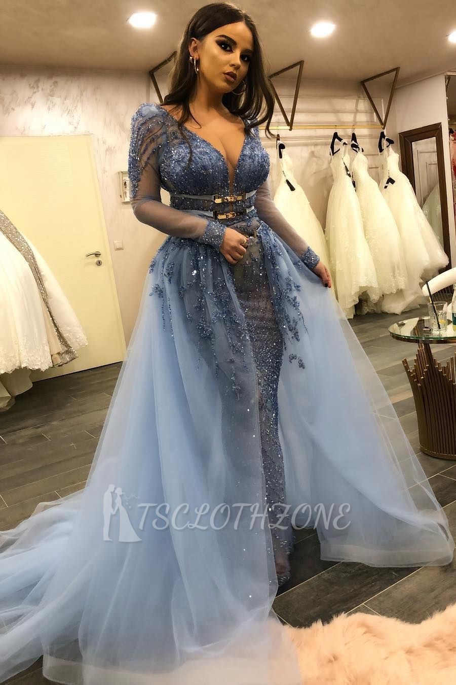 Gorgeous Long Sleeves V-Neck Lace Beaded Mermaid Prom Dresses with Over Skirt