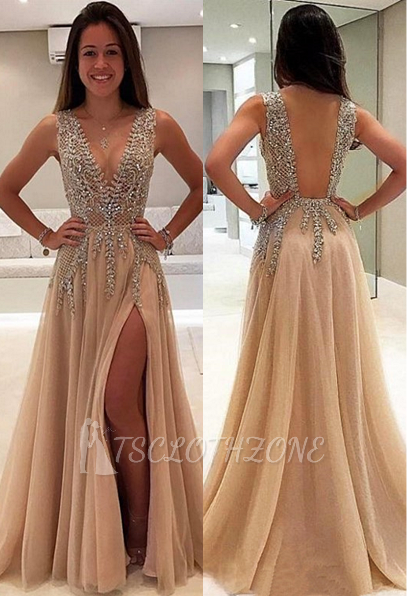 V-Neck A-line Crystal Prom Dresses | Sleeveless Side Slit Evening Dresses