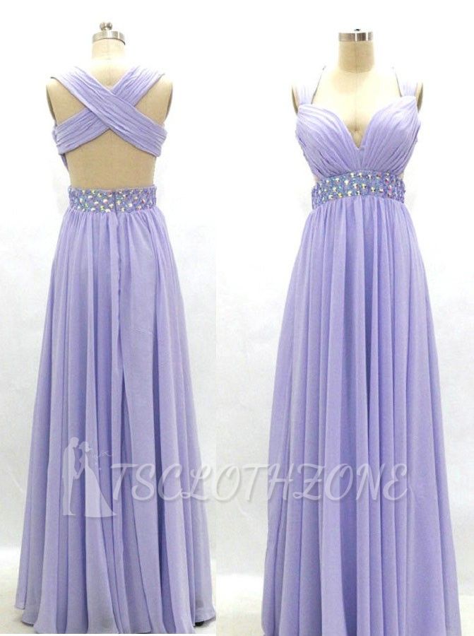 Lavendel Empire Chiffon Langes Abendkleid Kristallrüschen Kreuzrücken Formelles Kleid für besondere Anlässe
