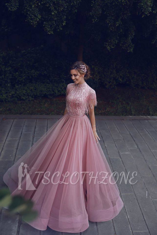 Special High Neck Tassel Beading Cap Sleeves Princess Prom Dresses | Blushing Pink Evening Gowns