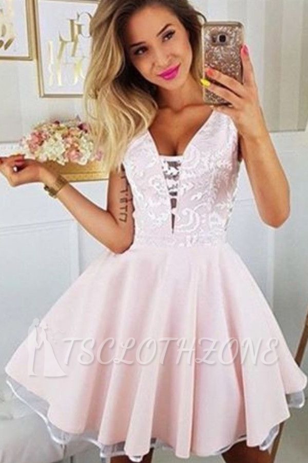 Sexy Deep V Neck White Appliques Homecoming Dress | Sleeveless Short Pink Homecoming Dress