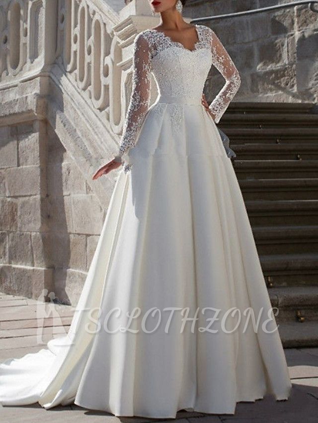 Affordable A-Line Wedding Dress V-Neck Satin Long Sleeve Bridal Gowns Sweep Train