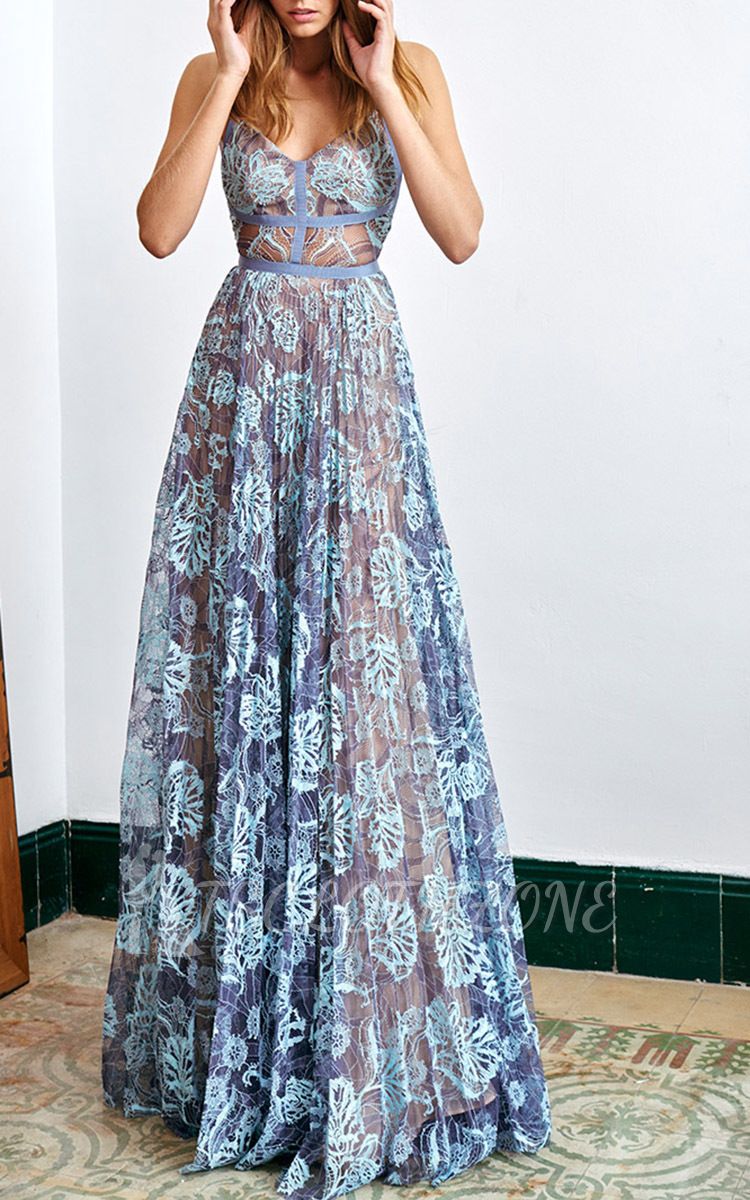Straps Blue Lace Sheer Long Prom Dresses 2022 New Arrival Sleeveless Evening Gown