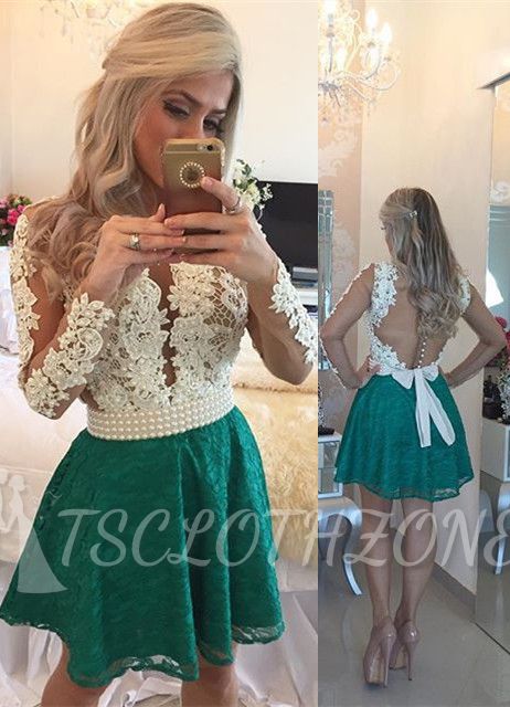 White Appliques Top Green Lace Skirt 2022 Homecoming Dresses Long Sleeve Beaded Evening Gown