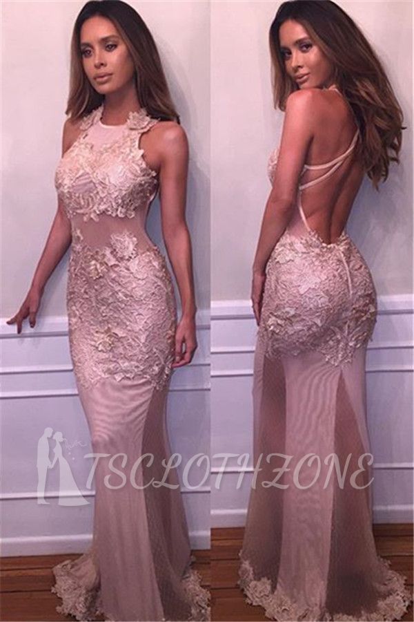 Sexy Open Back Evening Dresses Online | Sleeveless Lace Appliques Prom Dresses