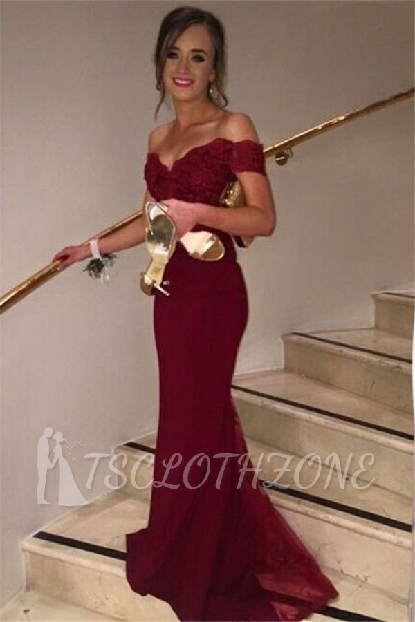 Burgundy 2022 Off Shoulder Mermaid Evening Gowns New Arrival Lace Sweep Train Formal Prom Dress