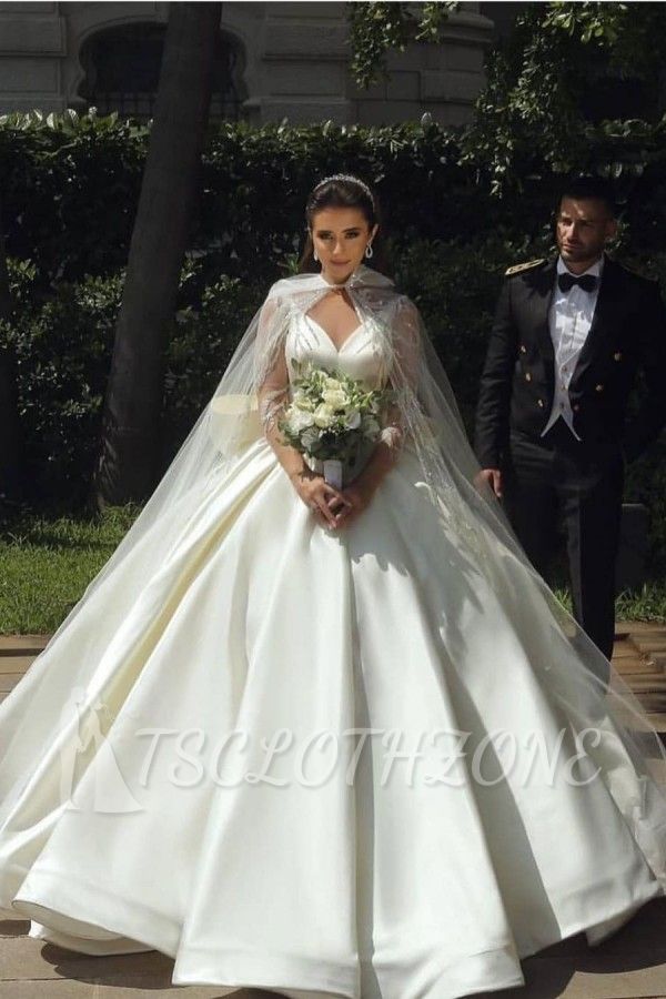 Gorgeous Long Sleeves Satin Bridal Gown with 3D Sequins Bowtie Back
