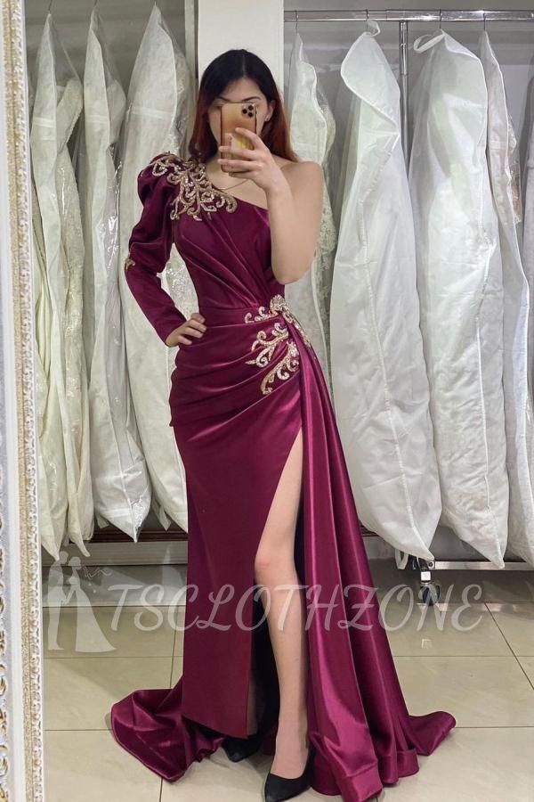 Designer Sleeve One-Shoulder Side-Slit Evening Dress | Long Prom Dress