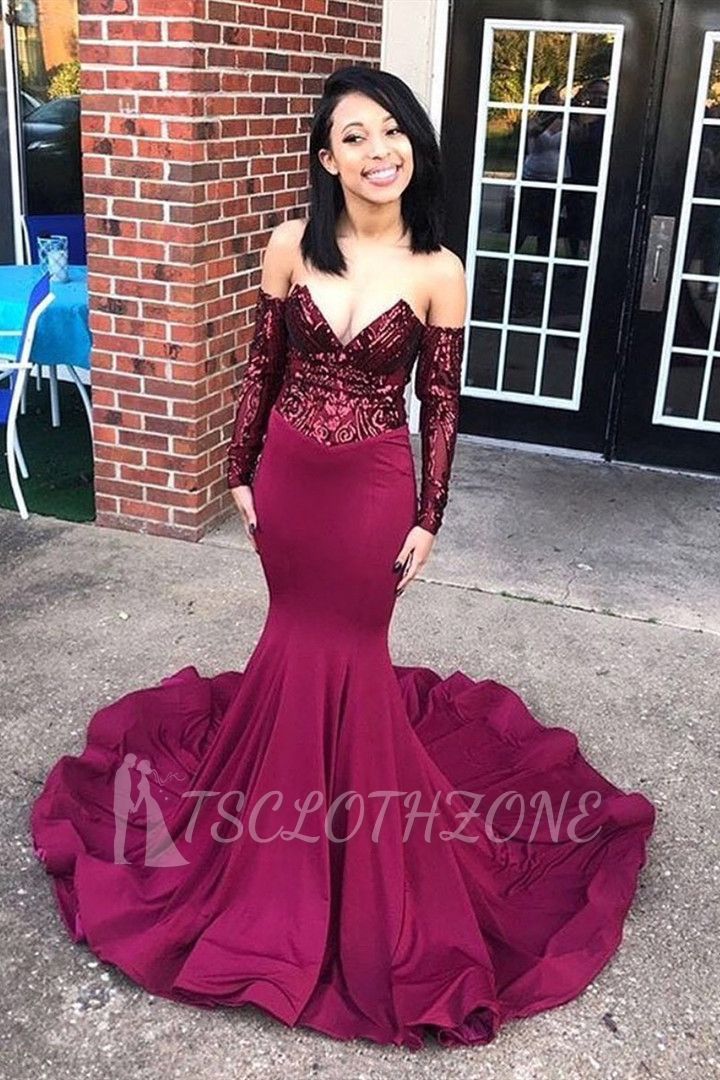 Sexy Off the Shoulder Appliques Prom Dress | Chic V Neck Long Sleeves Prom Gown
