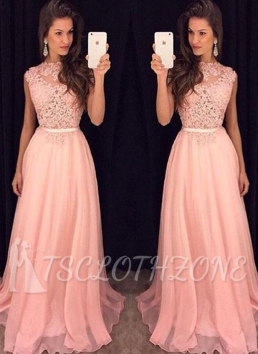 Simple Pink Sheer Lace with Sash Sleeveless Long Prom Dresses